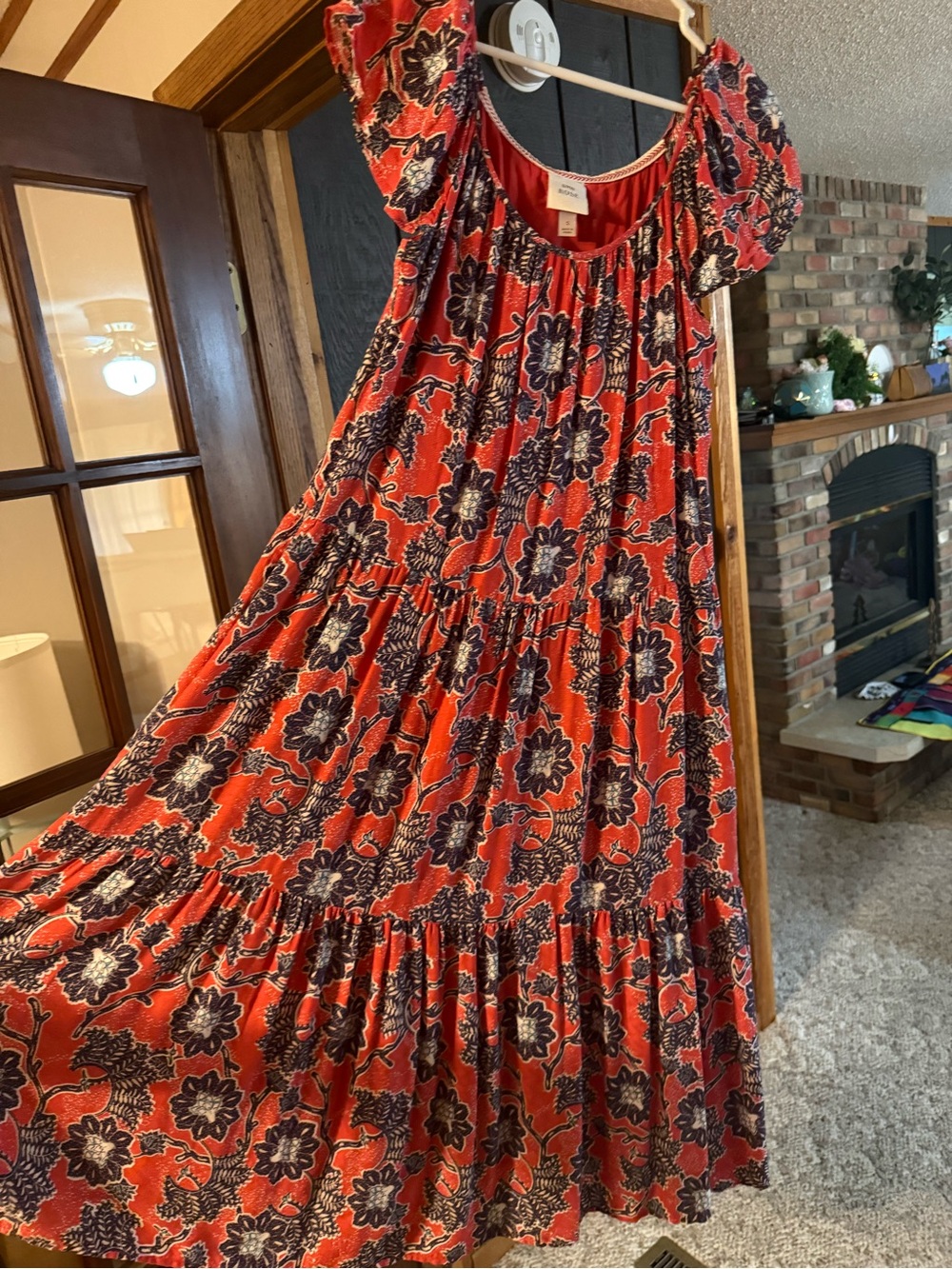 Red Floral Tiered Maxi Dress with Puff Sleeves